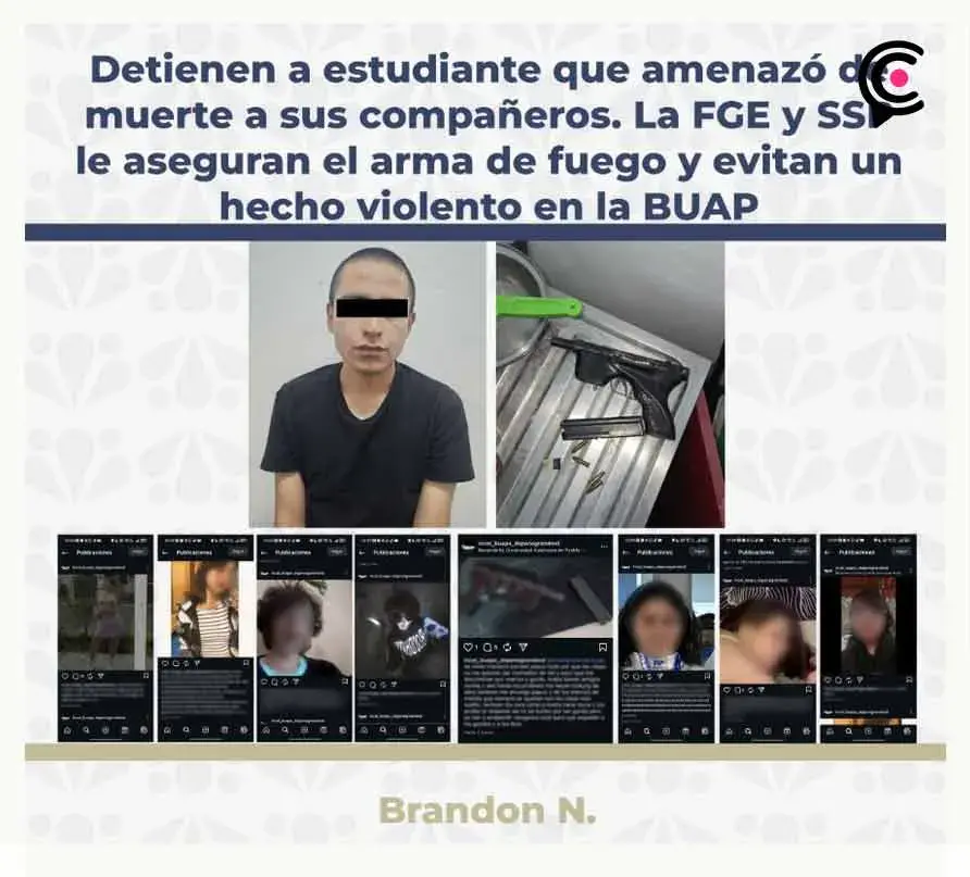 Detienen a Brandon N., estudiante de la BUAP acusado de amenazas de muerte a sus compañeras