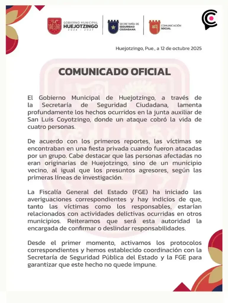 Grupo armado ejecutó a cuatro personas en la celebración de un bautizo en Coyotzingo, Puebla