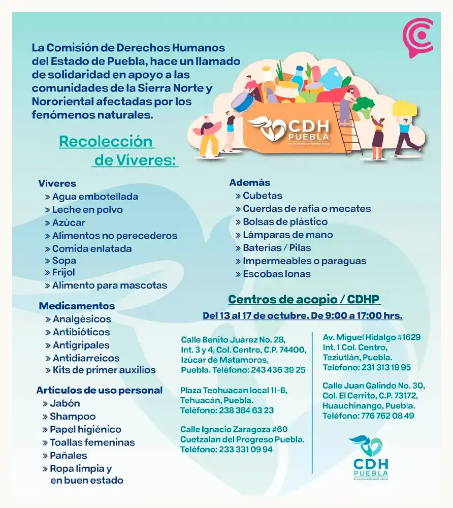 Centros de acopio en Puebla 2025; apoya a los damnificados de la Sierra Norte