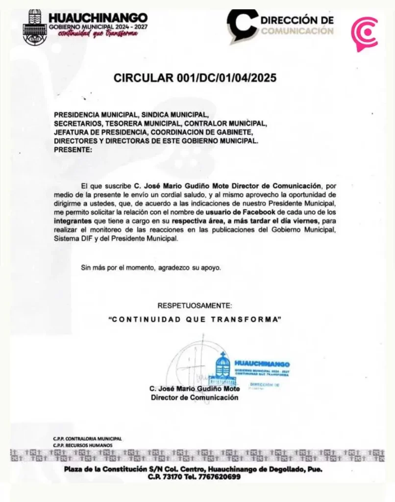 Alcalde de Huauchinango ordena vigilar apoyo de funcionarios públicos a través de Facebook