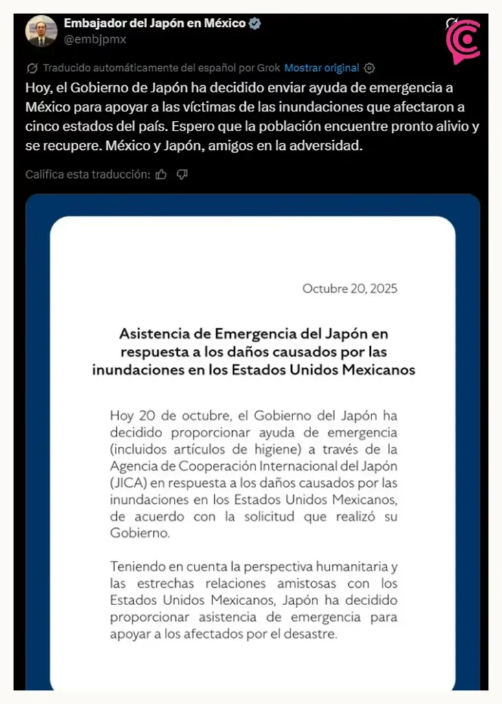 Japón confirma envío de ayuda humanitaria a México por emergencia en cinco estados tras lluvias