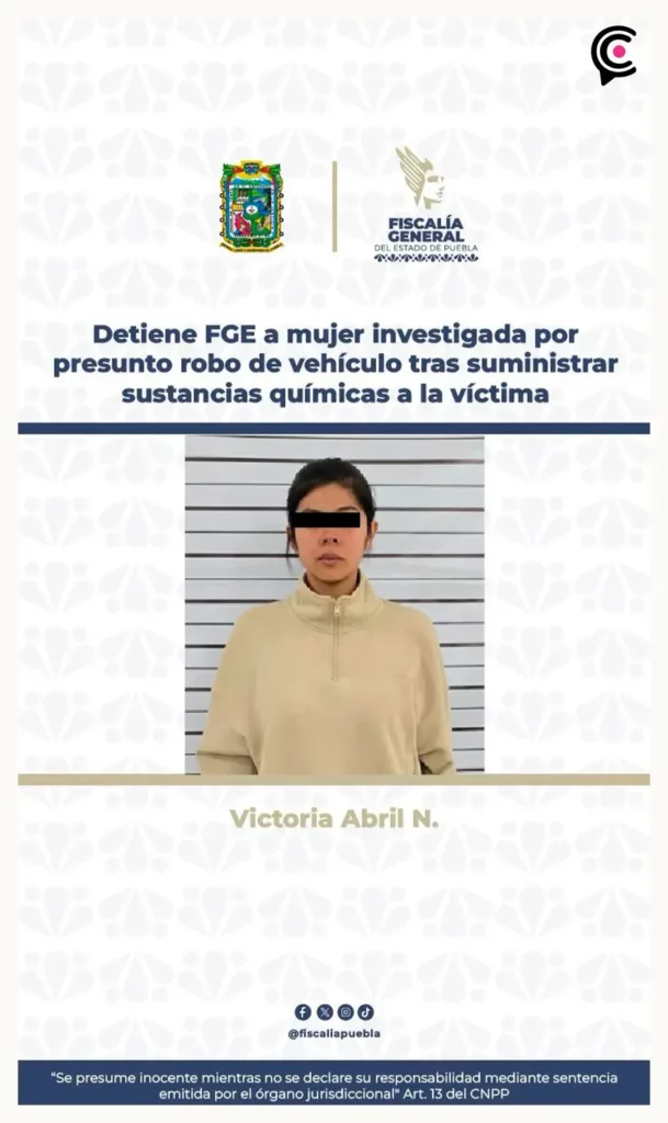 Detienen a mujer por drogar a hombre durante cita y robarle su automóvil en Puebla