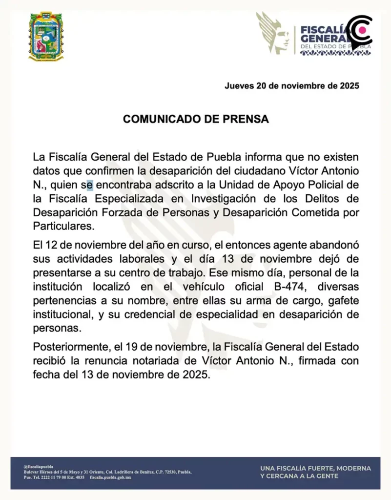 Tras una semana sin ser localizado, reaparece agente de la Fiscalía de Desaparecidos de Puebla