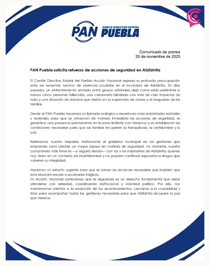 PAN Puebla solicita al gobierno de Puebla reforzar seguridad en Atzitzintla tras amenazas contra alcalde