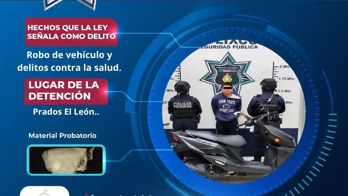 Secretaría de Seguridad Ciudadana de Atlixco detiene a hombre por presunto robo de motocicleta y posesión de posible droga 