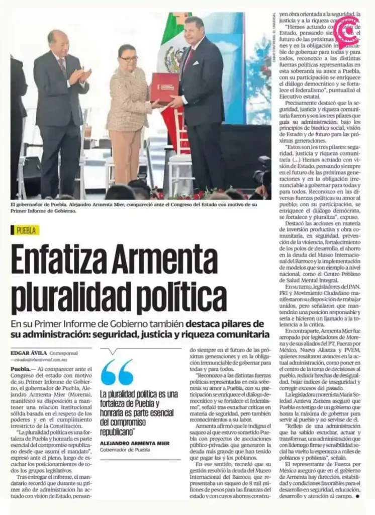 Segob ratificó alianza con Puebla durante Primer Informe de Alejandro Armenta, destacan medios nacionales