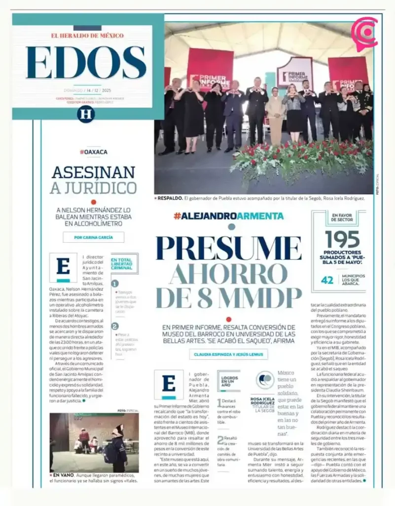 Segob ratificó alianza con Puebla durante Primer Informe de Alejandro Armenta, destacan medios nacionales
