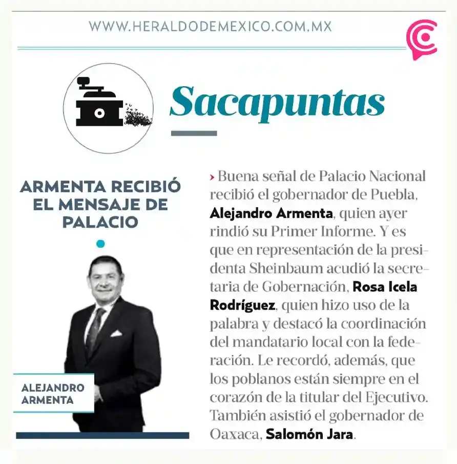 Segob ratificó alianza con Puebla durante Primer Informe de Alejandro Armenta, destacan medios nacionales