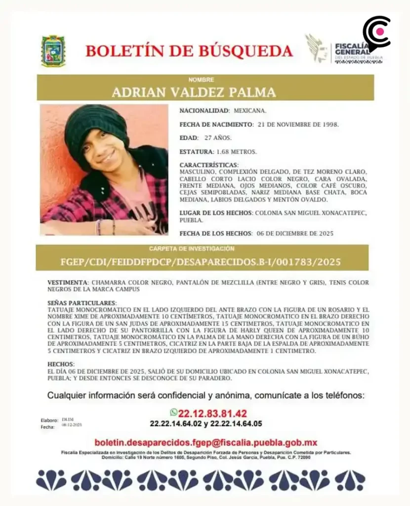 Fiscalía de Puebla investiga desaparición de tres jóvenes en Santa María Xonacatepec