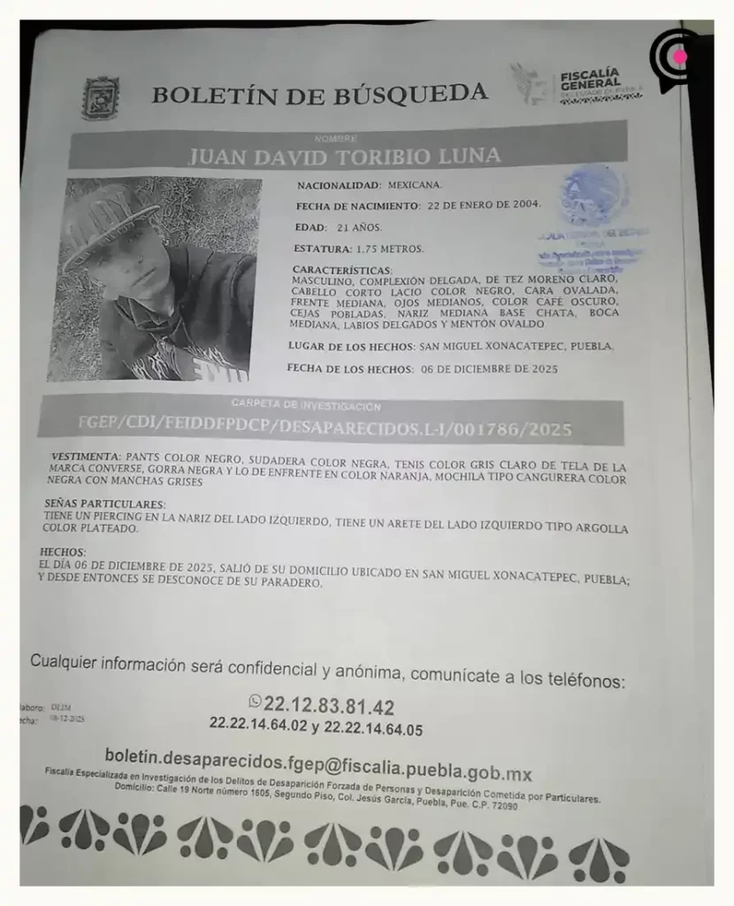 Fiscalía de Puebla investiga desaparición de tres jóvenes en Santa María Xonacatepec