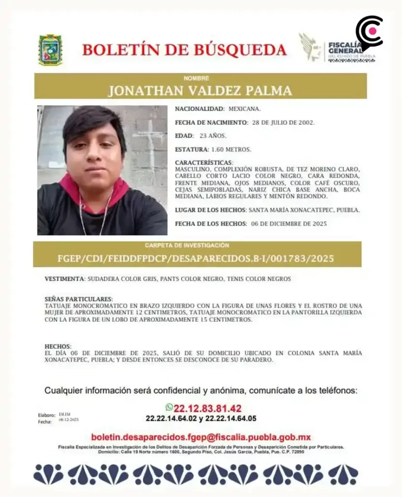 Fiscalía de Puebla investiga desaparición de tres jóvenes en Santa María Xonacatepec
