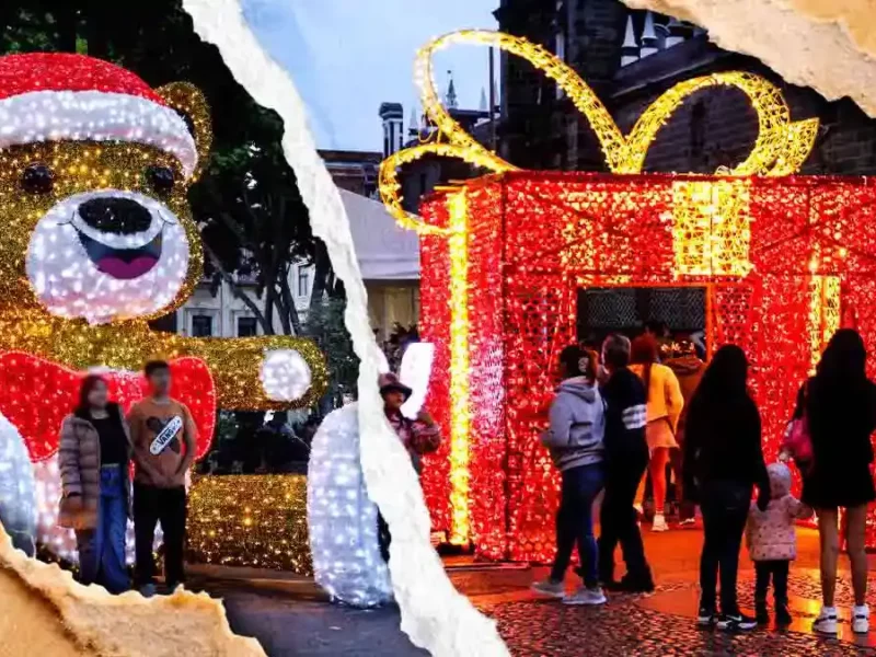 Visitantes esperan hasta 20 minutos para una selfie en decoración navideña del Zócalo de Puebla