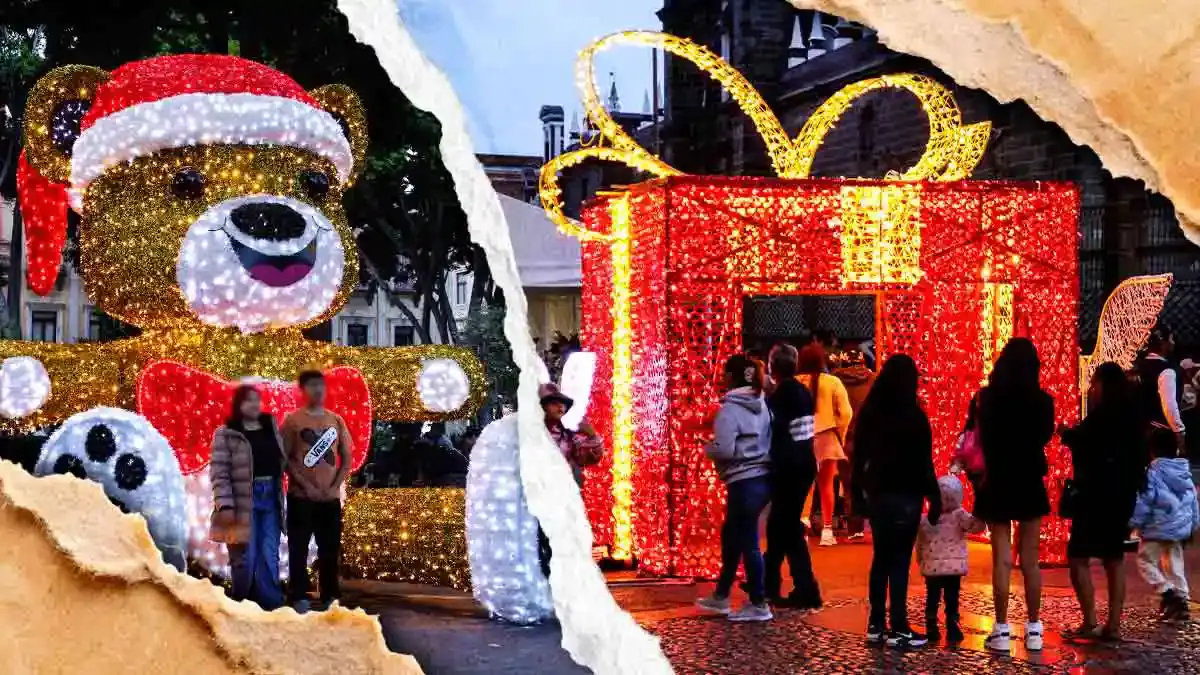 Visitantes esperan hasta 20 minutos para una selfie en decoración navideña del Zócalo de Puebla