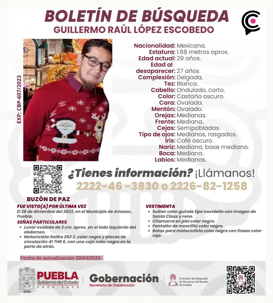 Guillermo Raúl López Escobedo lleva dos años desaparecido en Amozoc; continúan con labores de búsqueda