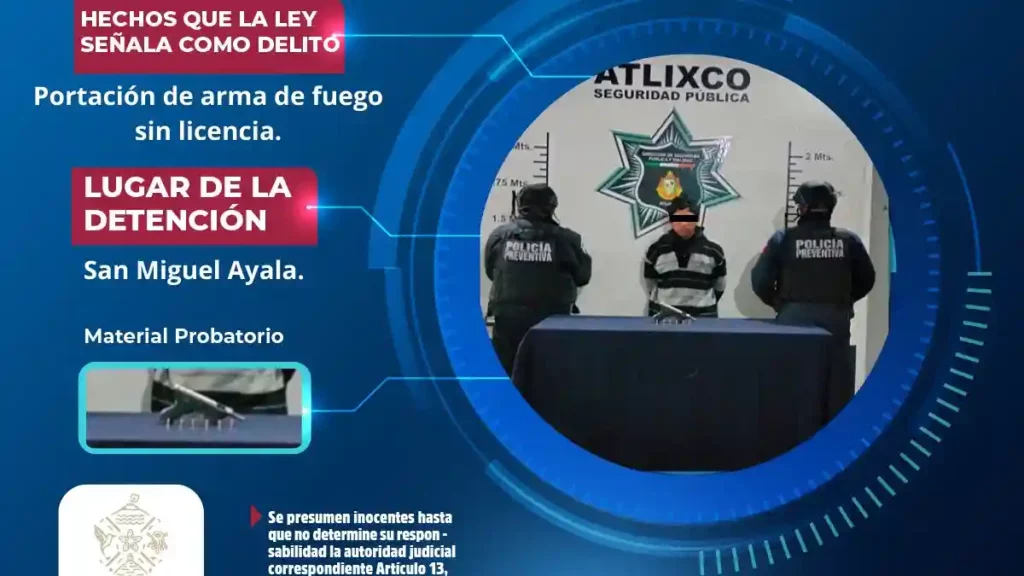 Secretaría de seguridad ciudadana de Atlixco detiene a hombre armado y en estado de ebriedad en vía pública