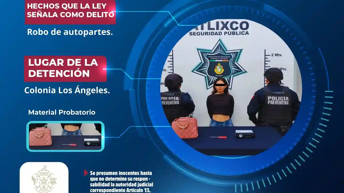 Secretaría de Seguridad Ciudadana de Atlixco detiene a mujer señalada por intento de robo de autopartes