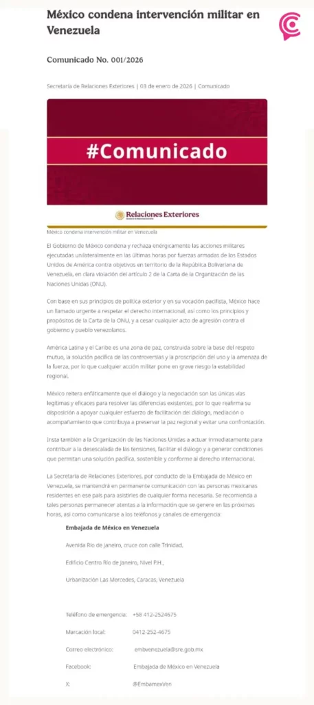 México rechaza intervención militar en Venezuela, pide respeto al derecho internacional