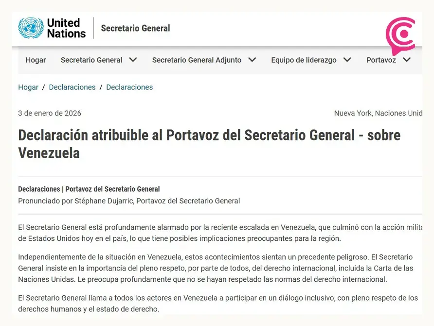 ONU condena intervención militar de EE.UU. en Venezuela; alerta por precedente peligroso