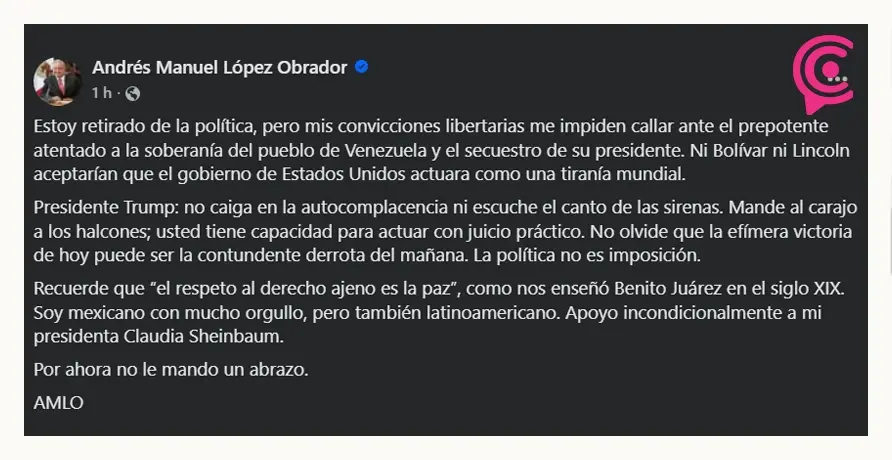 AMLO califica como “secuestro” la captura de Nicolás Maduro por fuerzas militares de EE.UU.