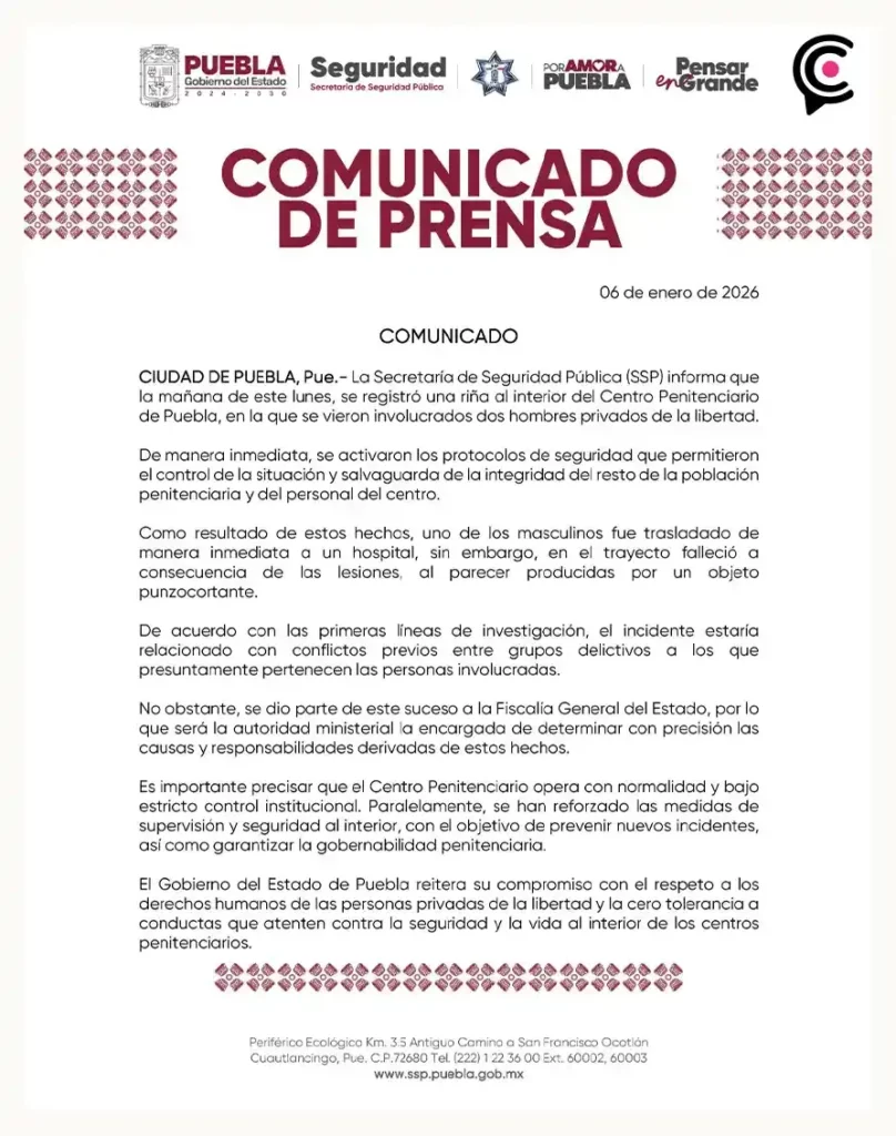 Muere reo tras riña en el penal de San Miguel de Puebla