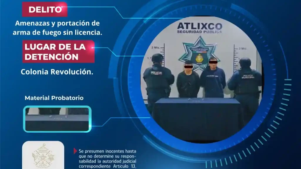 SSC detiene a dos hombres por amenazas y portación ilegal de arma de fuego en Atlixco