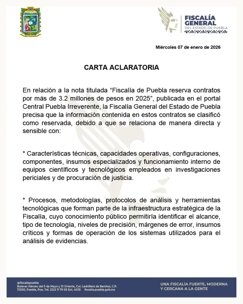 Fiscalía de Puebla reserva contratos por más de 3.2 millones de pesos en 2025