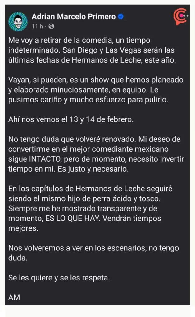 Adrián Marcelo anuncia su retiro de la comedia tras compartir imágenes de su posible divorcio