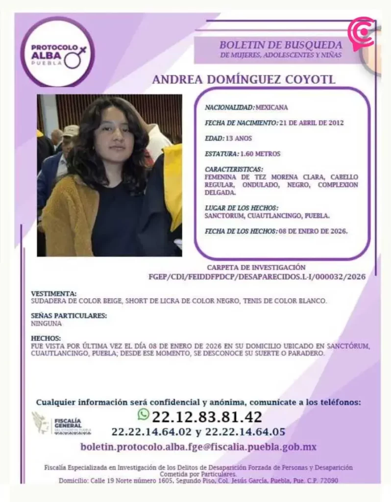 Denuncian desaparición de Andrea Domínguez en Cuautlancingo; investigan si la ocultan en casa del novio