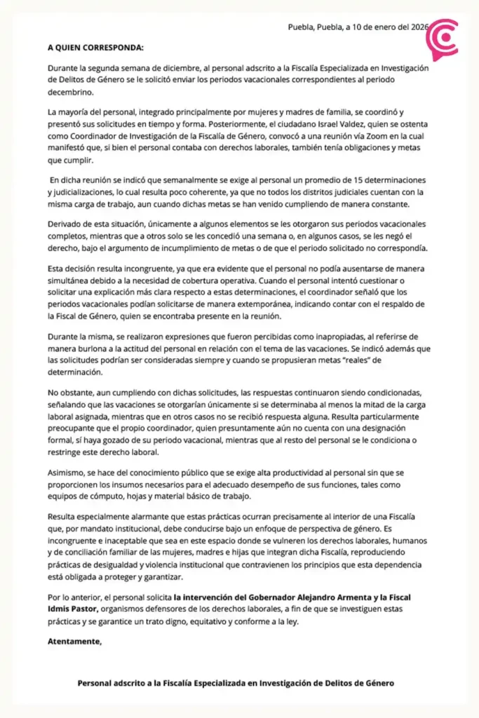 Agentes del Ministerio Público denuncian violencia institucional en la Fiscalía de Género de Puebla