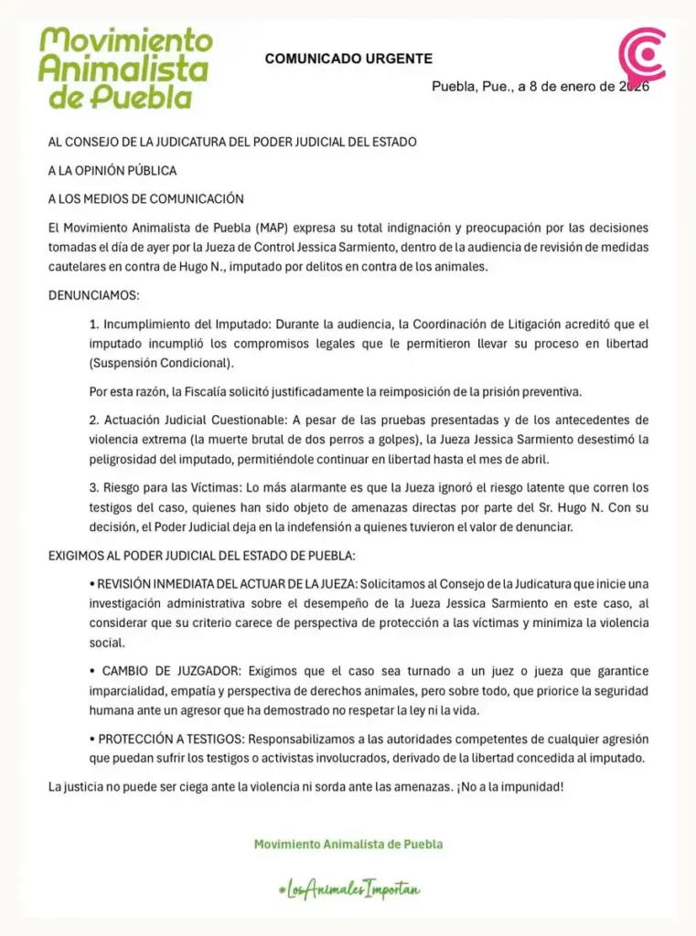 Jueza de control concede libertad de Hugo Porfirio, acusado de crueldad animal en Puebla 