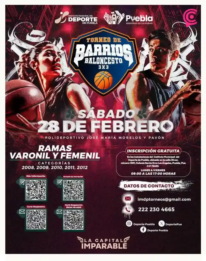 Ayuntamiento de Puebla invita al Torneo de Barrios 2026 de baloncesto; convocatoria abierta