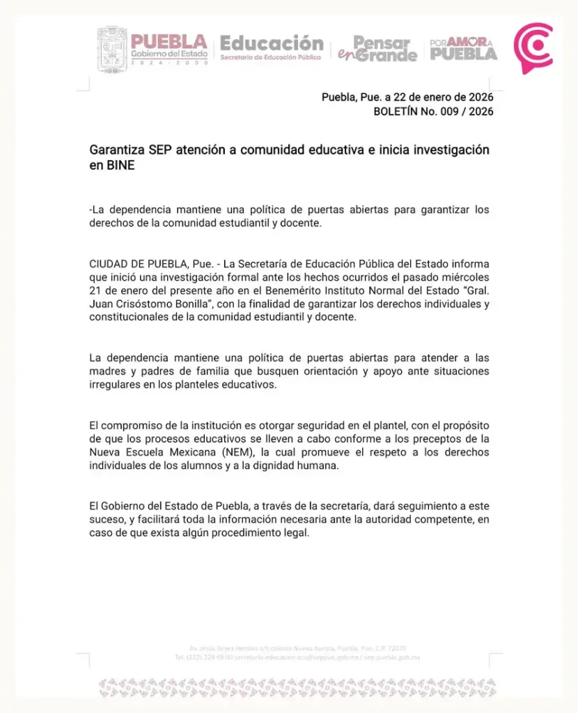 BINE Puebla enfrenta protesta estudiantil por denuncias de acoso