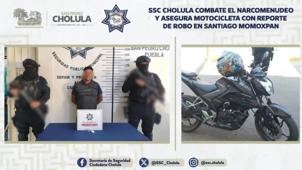 SSC Cholula combate el narcomenudeo y asegura motocicleta con reporte de robo en Santiago Momoxpan