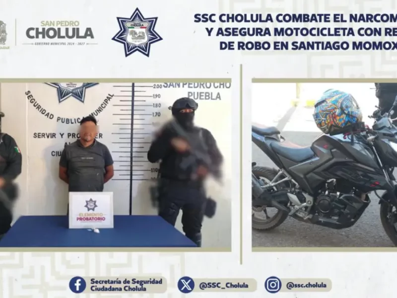 SSC Cholula combate el narcomenudeo y asegura motocicleta con reporte de robo en Santiago Momoxpan