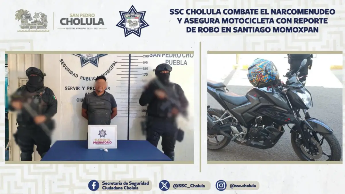 SSC Cholula combate el narcomenudeo y asegura motocicleta con reporte de robo en Santiago Momoxpan