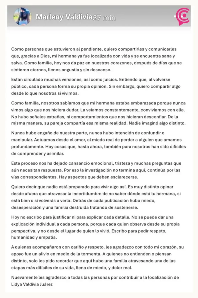 Familia de Lidya Valdivia asegura que estuvo embarazada, perdió al bebé y continuó el engaño
