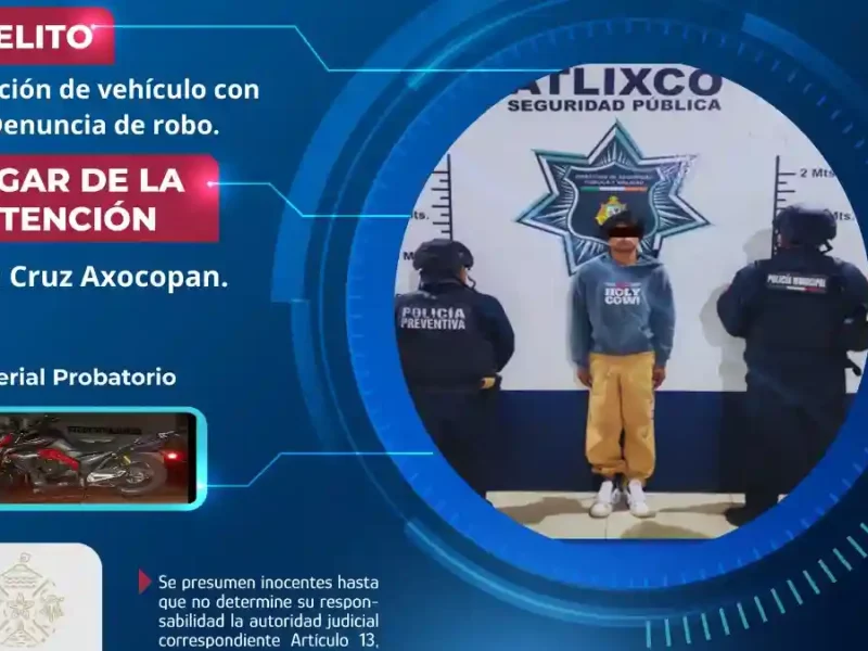 SSC recuperan motocicleta con reporte de robo y aseguran a un masculino en Santa Cruz Axocopan, en Atlixco