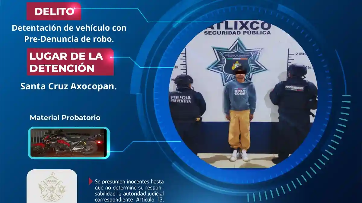 SSC recuperan motocicleta con reporte de robo y aseguran a un masculino en Santa Cruz Axocopan, en Atlixco