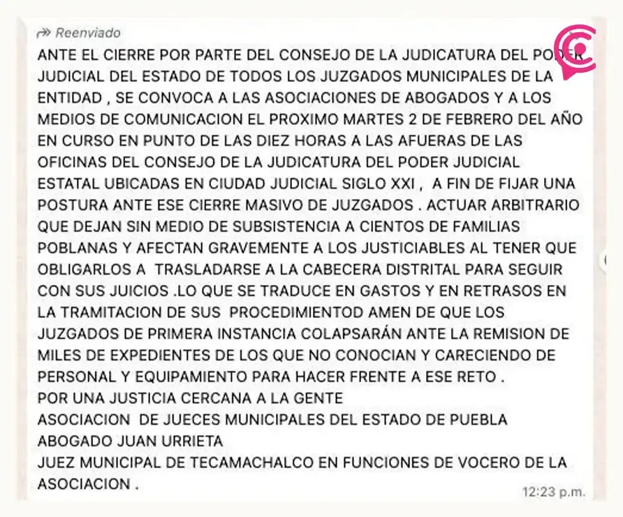 Juez de Tecamachalco niega convocatoria contra Poder Judicial y aclara postura