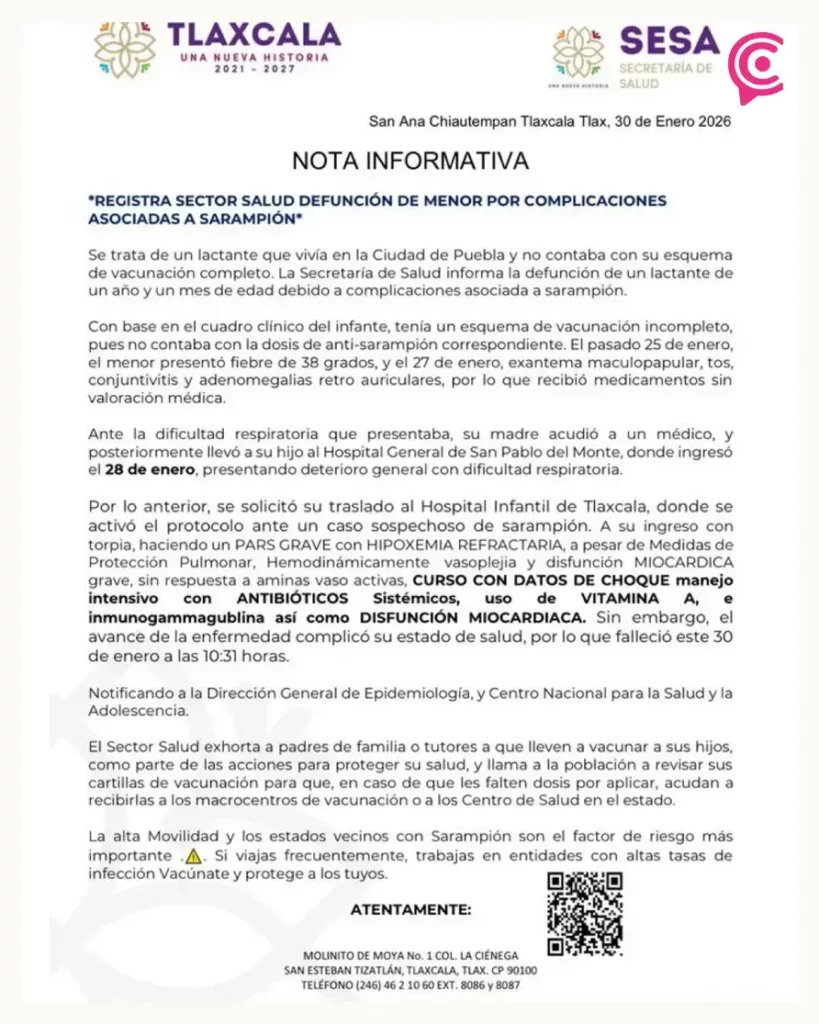 Niño de Puebla murió por sarampión en Tlaxcala; automedicado por familia y sin vacunas