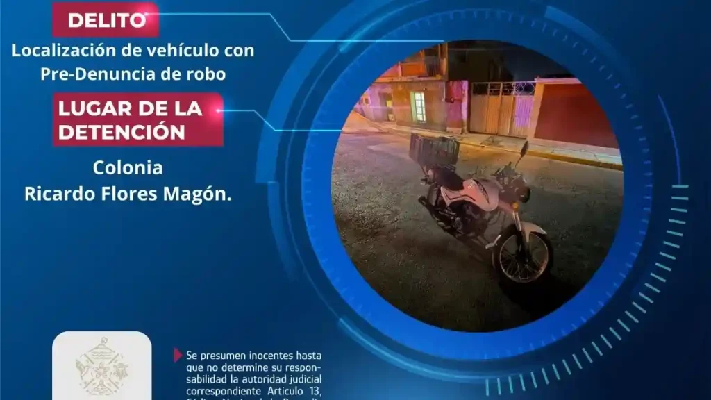 Secretaría de Seguridad Ciudadana de Atlixco recupera motocicleta con pre-denuncia de robo