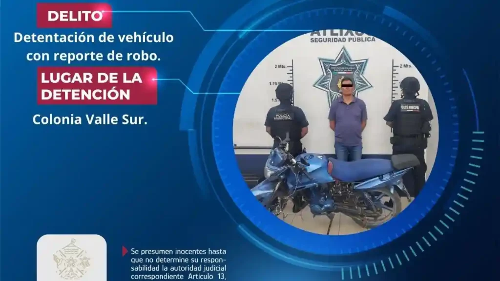 Secretaría de Seguridad Ciudadana de Atlixco recupera motocicleta con reporte de robo y realiza detención en valle sur