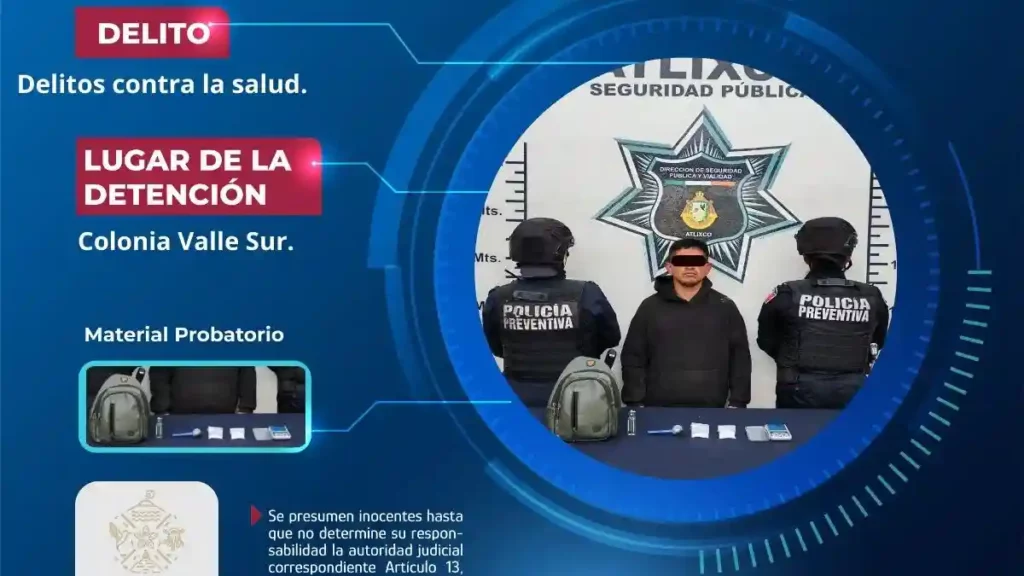 Secretaría de Seguridad Ciudadana de Atlixco asegura a hombre con presuntas sustancias ilícitas en Valle Sur