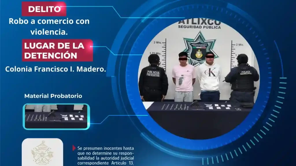 Secretaría de Seguridad Ciudadana detienen a dos personas por robo a comercio y aseguran arma en Atlixco