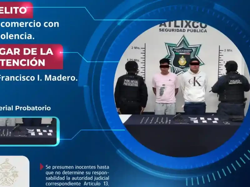 Secretaría de Seguridad Ciudadana detienen a dos personas por robo a comercio y aseguran arma en Atlixco