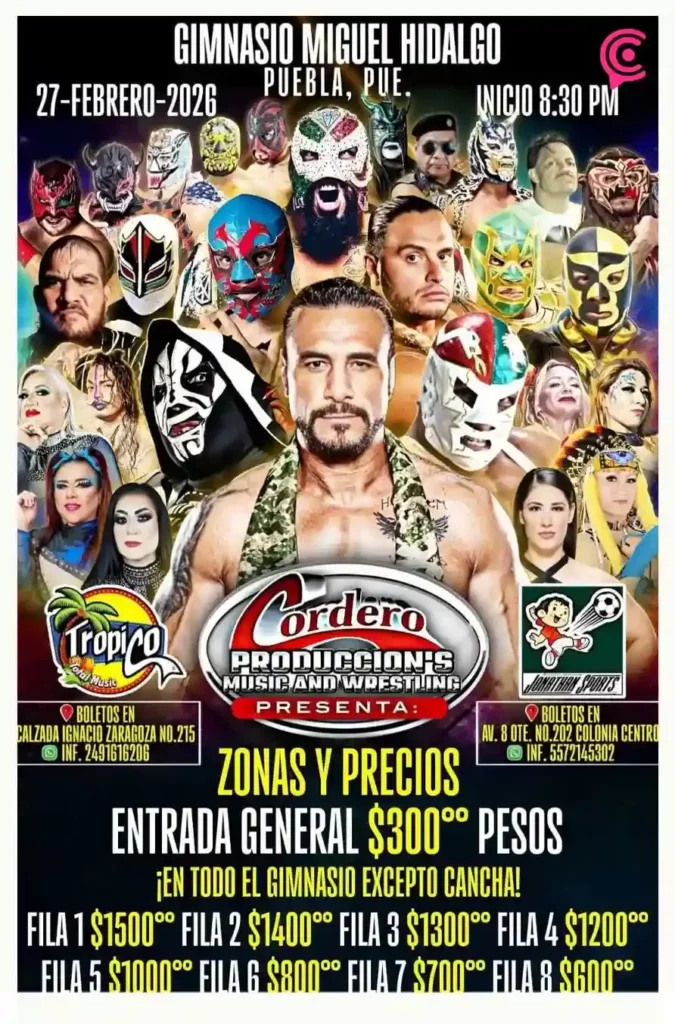 Producciones Cordero confirma función estelar de lucha libre en Gimnasio Miguel Hidalgo, Puebla