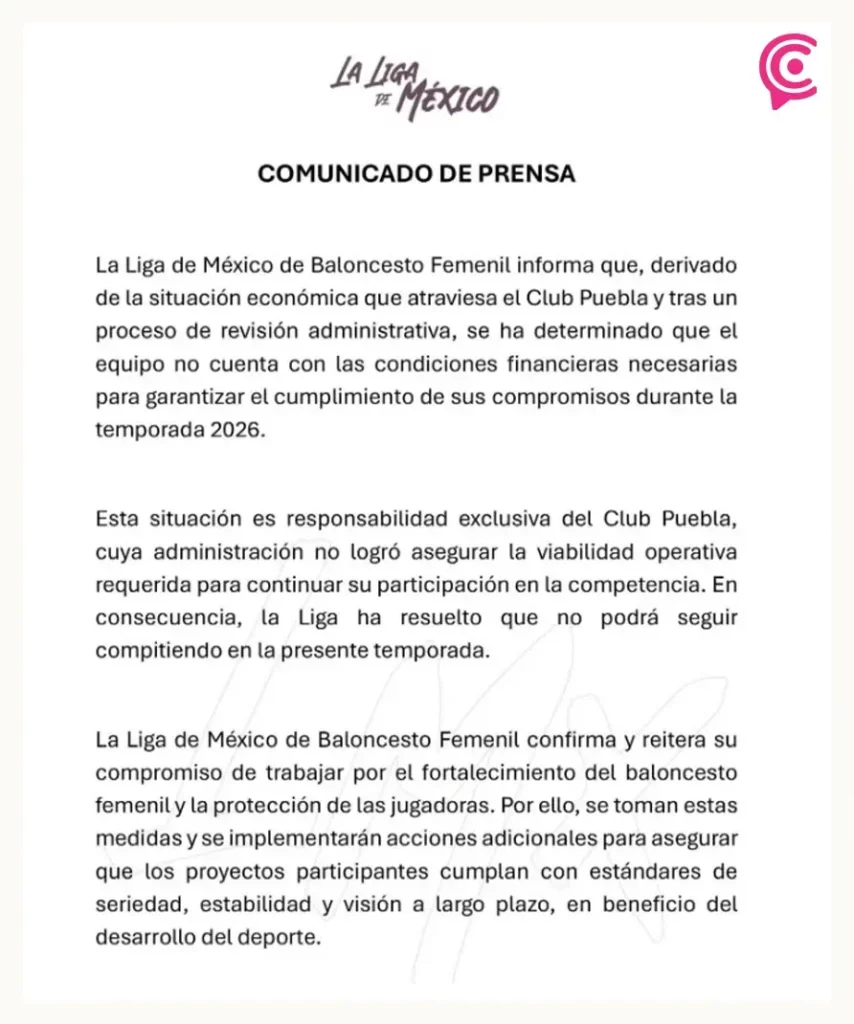 Liga Mexicana de Basquetbol Femenil desafilia a Estrellas de Puebla por crisis financiera