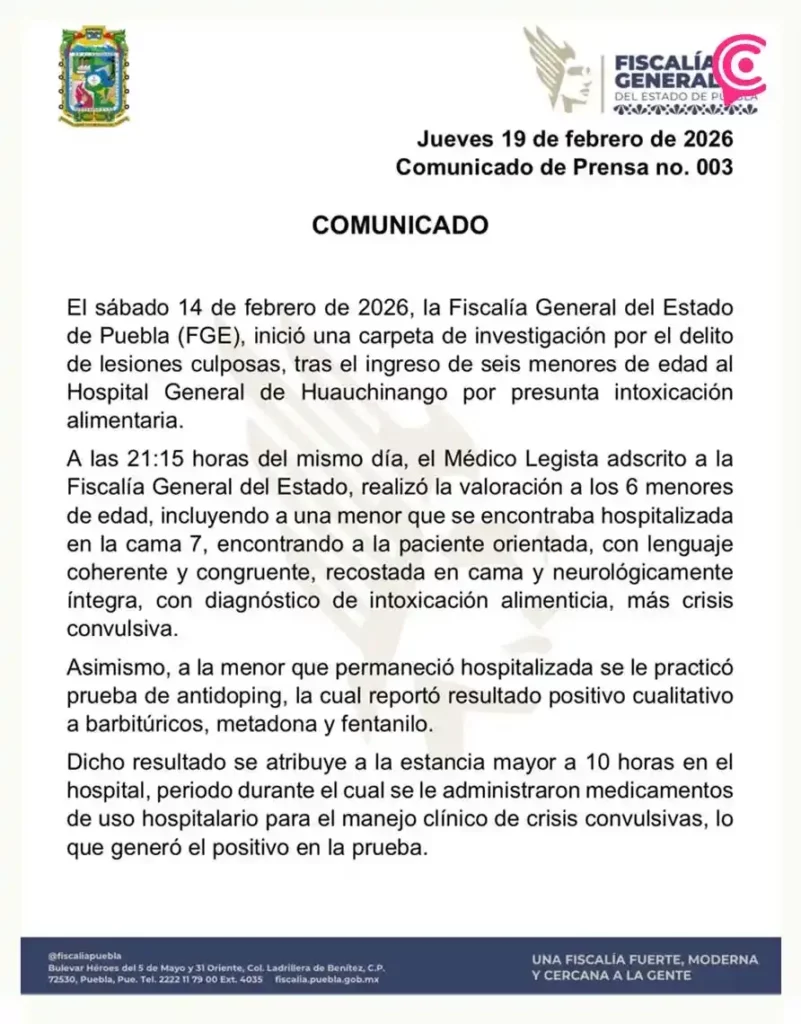 Niña intoxicada en Huauchinango dio positivo en fentanilo por medicamentos: Fiscalía Puebla