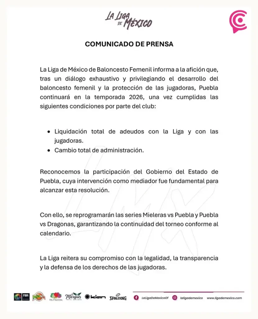 Liga Mexicana de Baloncesto Femenil confirma reingreso de Estrellas de Puebla tras acuerdo monetario