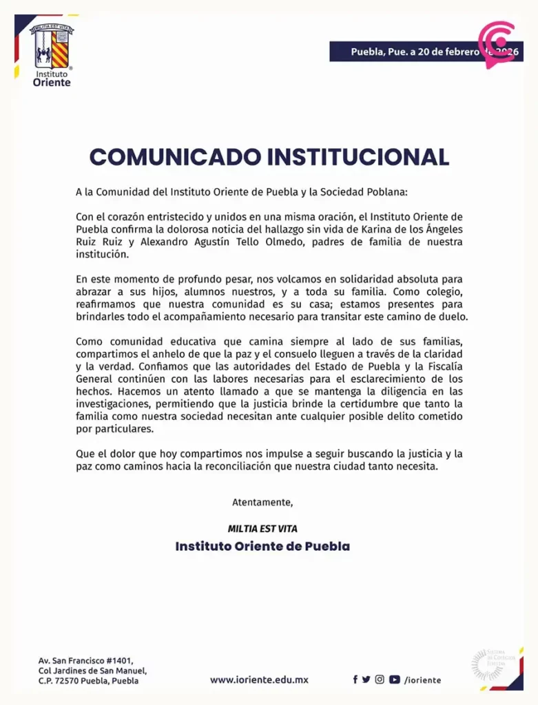 Instituto Oriente exige justicia por padres hallados sin vida en Puebla